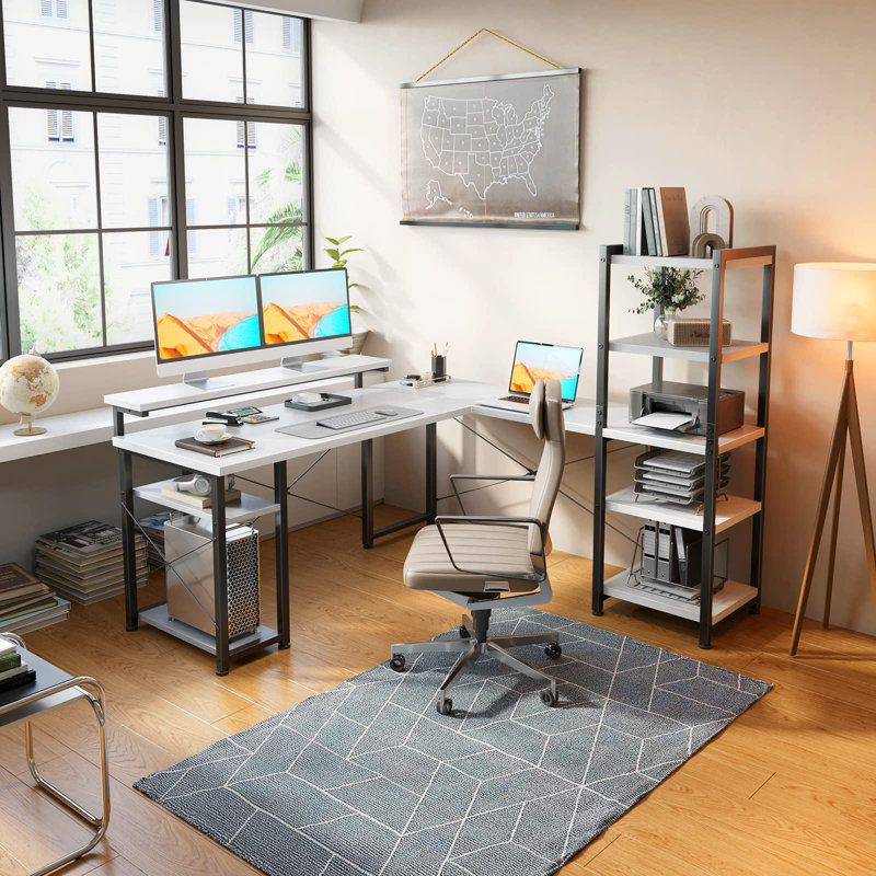 Galini L-Shaped Metal Base Writing Desk, White