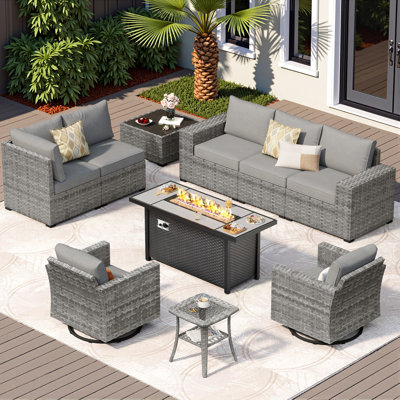 7-Person All-Weather Wicker Patio Set With Cushions,Swivel Rockers And Fire Pit