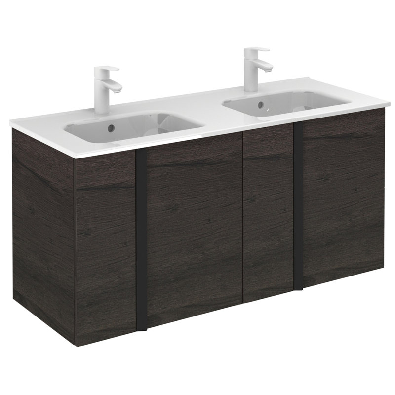 Ensemble de meuble-lavabo de salle de bain double fixé au mur 48" Miguel, Wengé nature, Noir