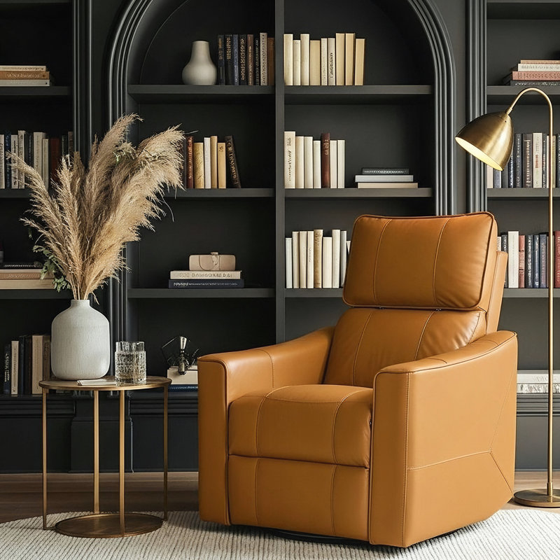 Inniss 31.7" Wide Genuine Leather Modern Power Recliner with Swivel and Glider, Orange