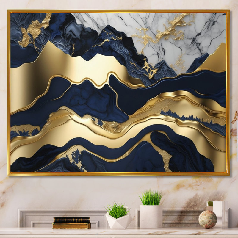 Rehoboth bleu et or captivant l'abstraction de marbre I, Cadre flottant noir, Doré, H 24 po x l 32 po