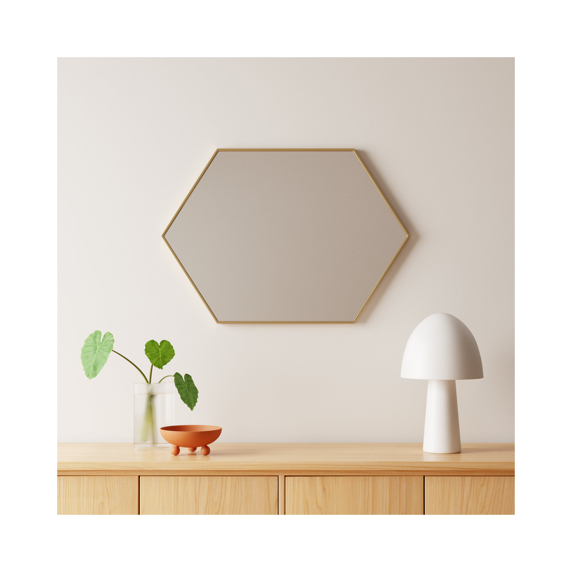 Sabine Metal Hexagon Wall Mirror, Brass, 34" H x 24" W