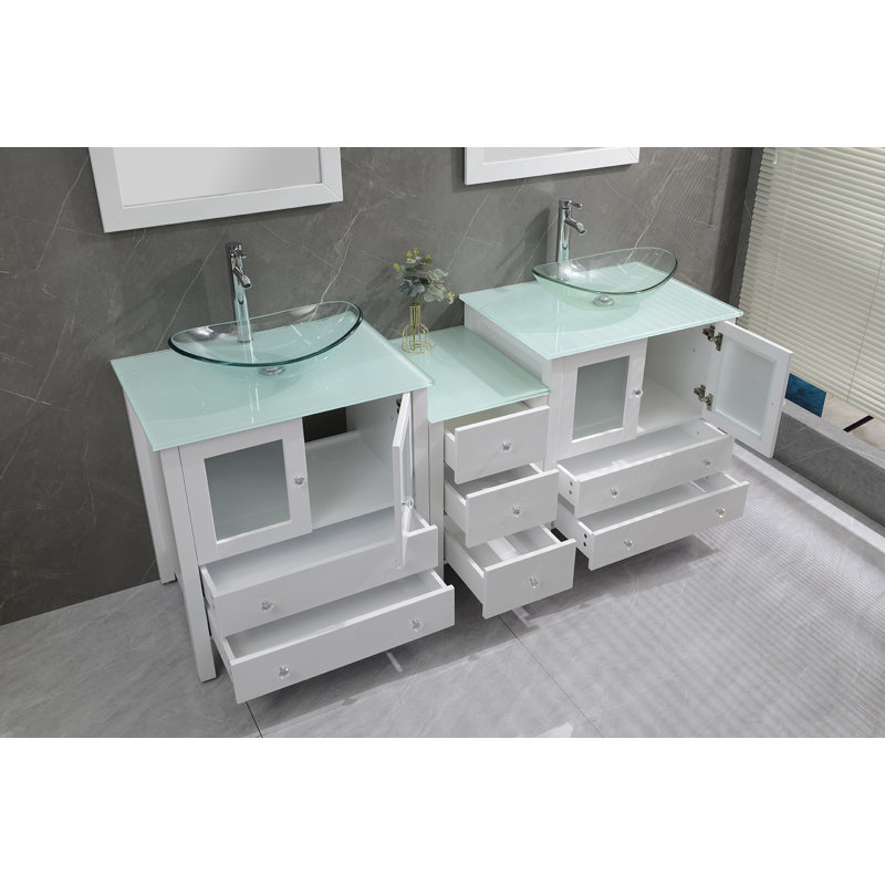 Jahziah 74.5'' Double Bathroom Vanity with Tempered Glass Top, White