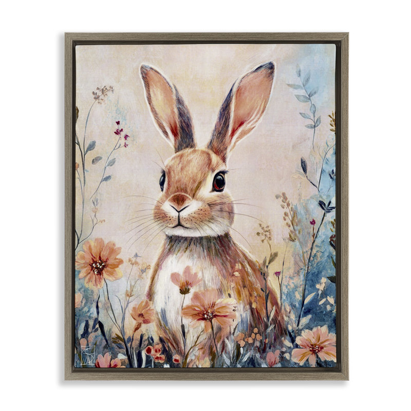 Cadre flottant lapin avec marguerites sauvages, design par Sara Culpepper, H 21 po x l 17 po, Cadre flottant orme Montalcino
