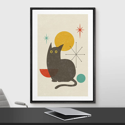 Rétro, rétro, géométrique, chat noir, animaux, formes, illustrations - cadre flottant, peinture sur toile