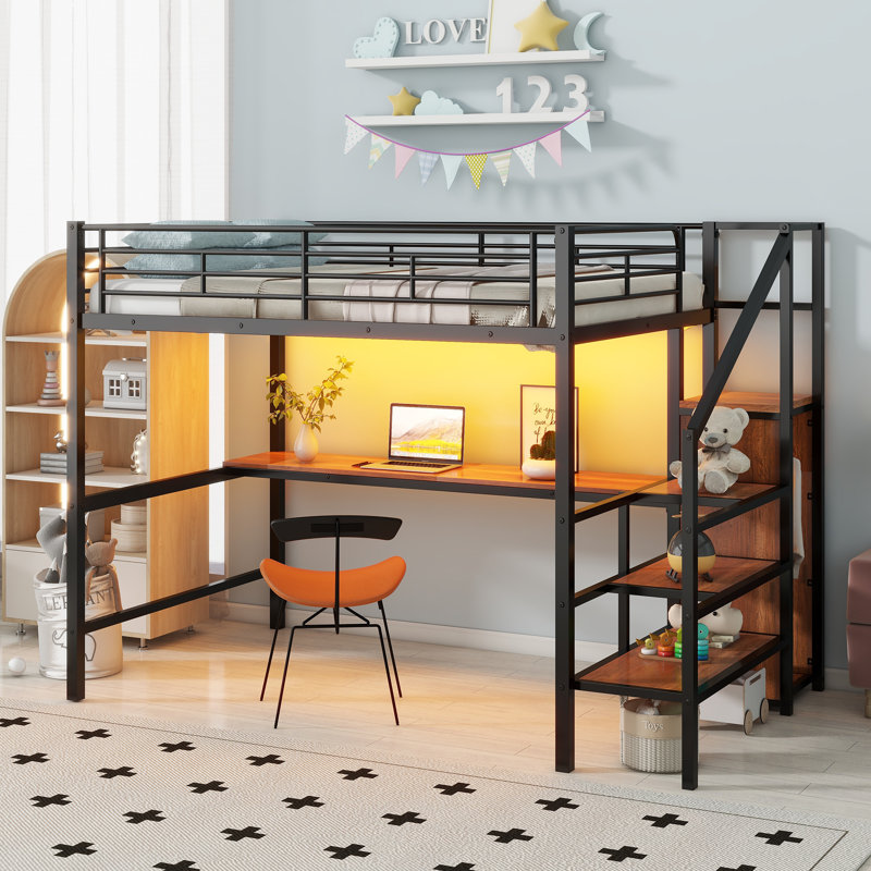 Metal Loft Bed With Desk, Storage Staircase And Led Light , Black/Brown