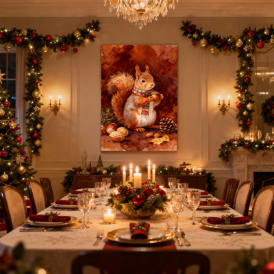 Écureuil de Noël avec écharpe tenant l'écrou, feuilles d'automne, ensemble de 3 impressions sur toile