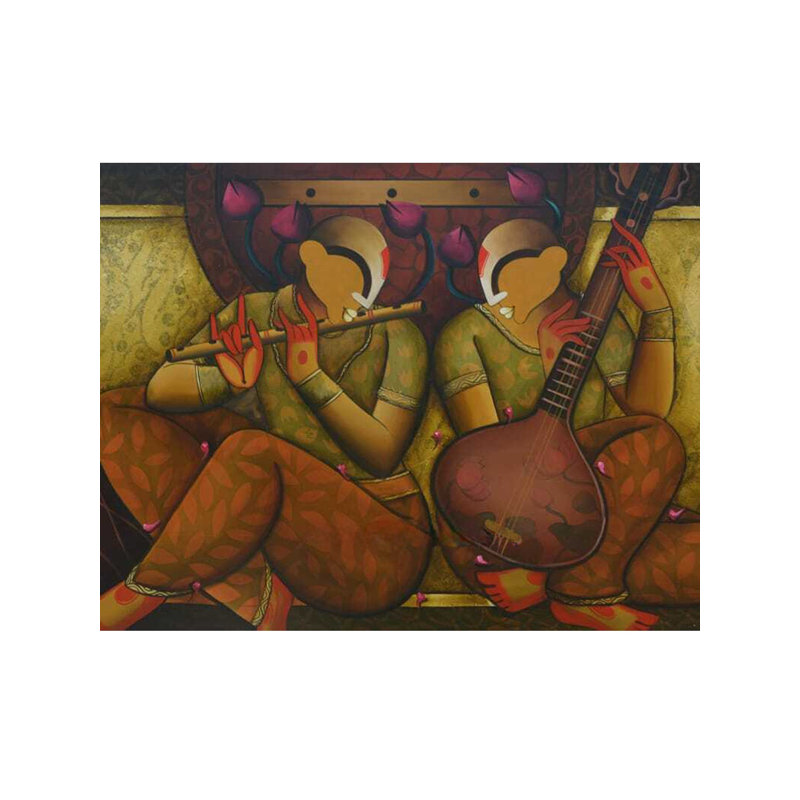 «Harmonious Ensemble», peinture acrylique sur toile - 36 po x 78 po, art musical indien contemporain par Anupam Pal