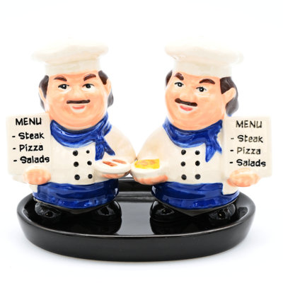 SALT AND PEPPER SHAKER Chef-blue and black ceramic tray