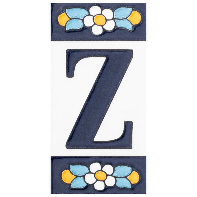 Sevillano 2.13" x 4.38" Ceramic Floral Address Letter Wall Tile in White/Blue
