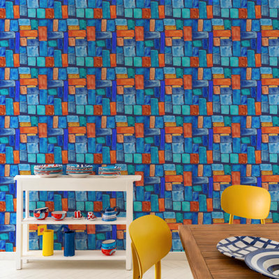 Watercolor Block Peel and Stick Wallpaper – Blue and Orange Geometric Wall Mural for Eclectic or Modern Interiors – Suitable For All Textured Walls