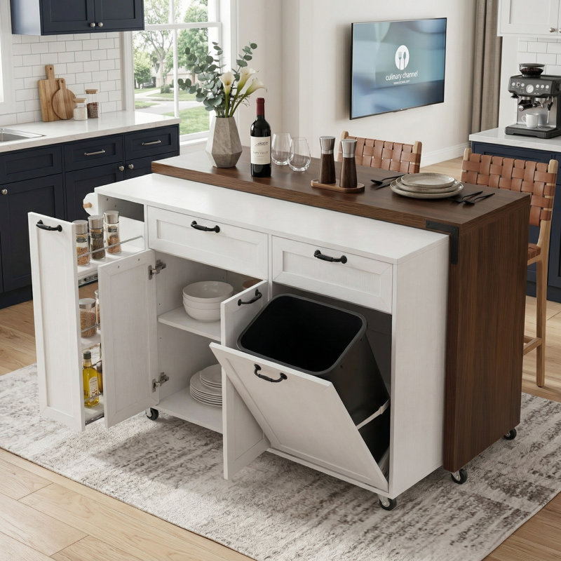 102.3" Wide Extendable Kitchen Island with Rolling Cart, Trash Storage Cabinet and 3-Tier Pull-Out Spice Rack, Mobile Dining Table for Kitchen, Dining Room, White