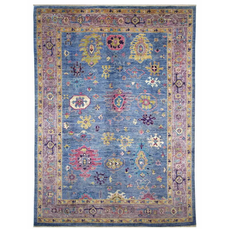 Tapis bleu et mauve de haute qualité noué à la main
