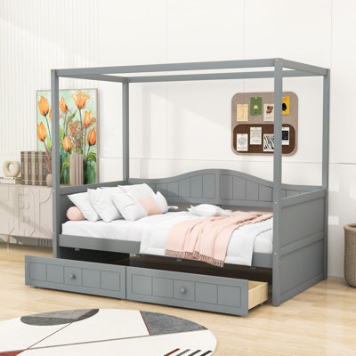 Twin Wooden Canopy Daybed with Built-In Backrest and Storage Drawers