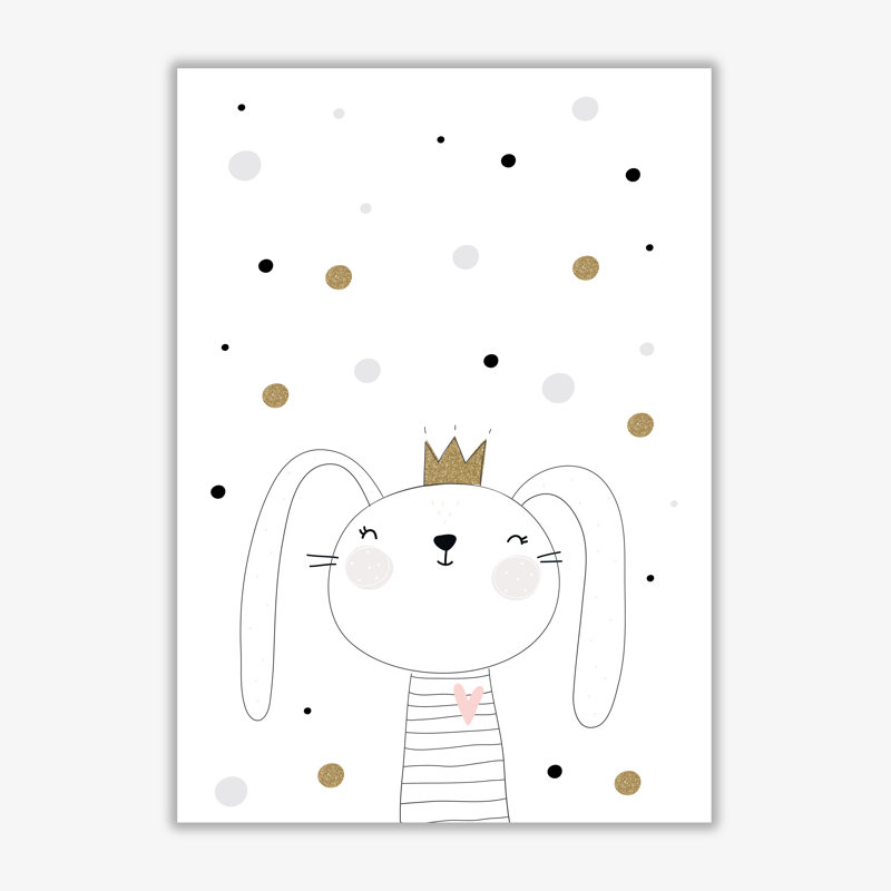 Scandi Cute Bunny with Crown and Polka Dots 1 Piece Single Picture Frame Painting, 42 cm H x 30 cm W x 1 cm D, No Frame