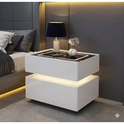 Table de chevet moderne blanche à 2 tiroirs avec charge sans fil, lumières DEL et 2 ports USB