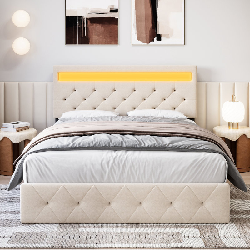 Bed Frame With LED Lights Headboard, Fast-Charging USB Port, White, Full
