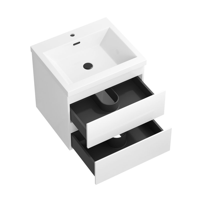Ensemble de meuble-lavabo mural 23,6 po avec lavabo et deux tiroirs (robinet non inclus), entièrement assemblé, White