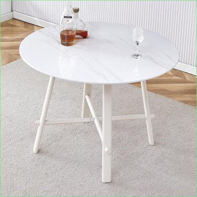 Tables de salle à manger | Mesa de Comedor, plateau rond moderne minimaliste blanc neige de 42 pouces, pieds en métal, utilisation multi-espaces | Rond