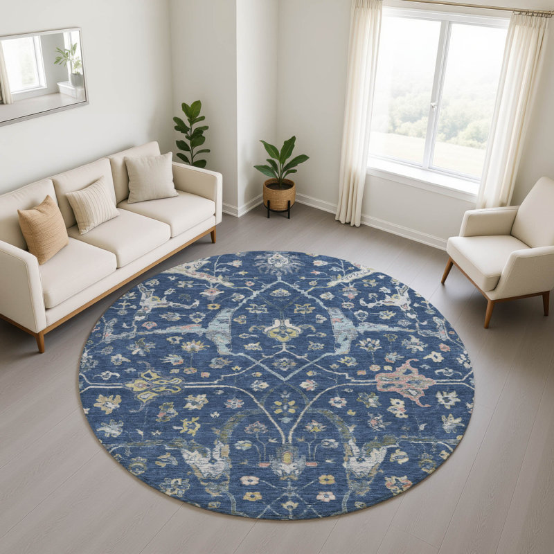 Premium Machine Washable Mayfield AMF2233 Global Rug, Navy, 8' Round