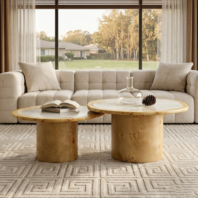 Set of 2 Nesting Coffee Tables, Burl Wood Veneer Base with Sintered Stone Tabletop for Living Room