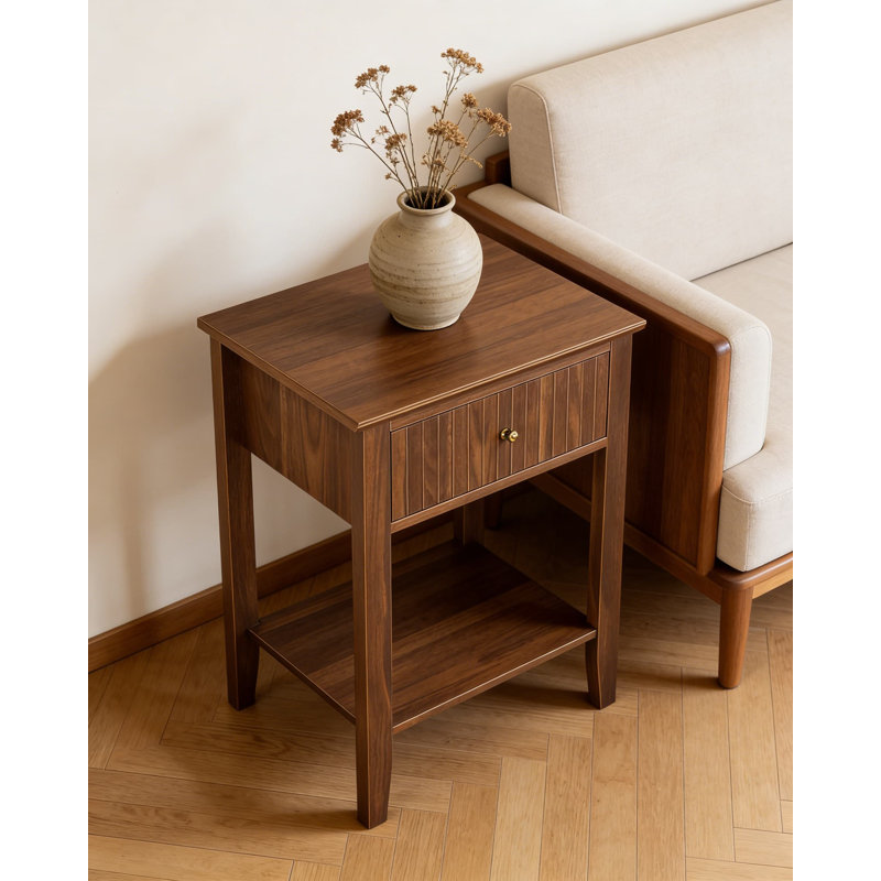 Table de chevet cannelée en bois avec tiroir, table de chevet moderne de style Mid-Century avec tablette ouverte, table d'appoint de style campagnard pour chambre à coucher et salon