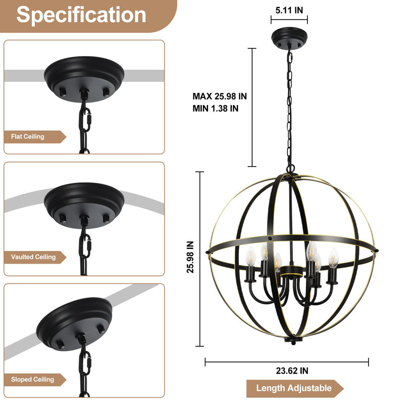 Luminaires suspendus sphériques 6 lumières industriels pour la cuisine, Or/noir
