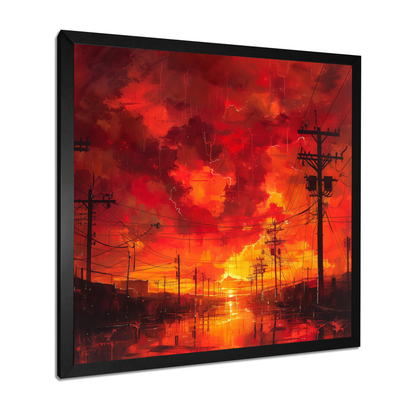 Rouge, jaune, tension, lignes électriques I - Power Lines Wall Art, Cadre simple noir, H 30 po x l 30 po x P 1 po