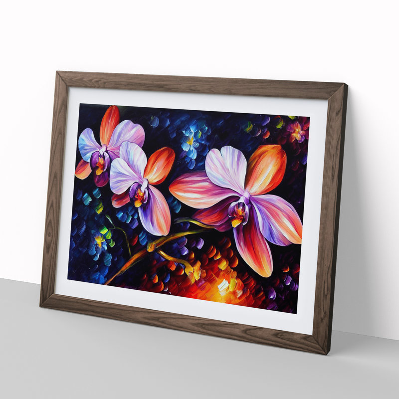 Orchid Flower Painting Vol.2 Abstract - Single Picture Frame Print, 46cm H x 64cm W, Walnut