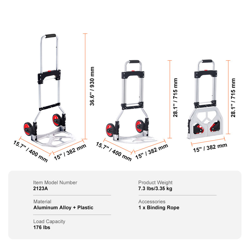 Folding Hand Truck and Dolly, 176 lbs Capacity, Aluminum Foldable Cart, Heavy-Duty Luggage Trolley Cart with Telescoping Handle and PP+TPR Wheels for Home, Office, Shopping, Travel