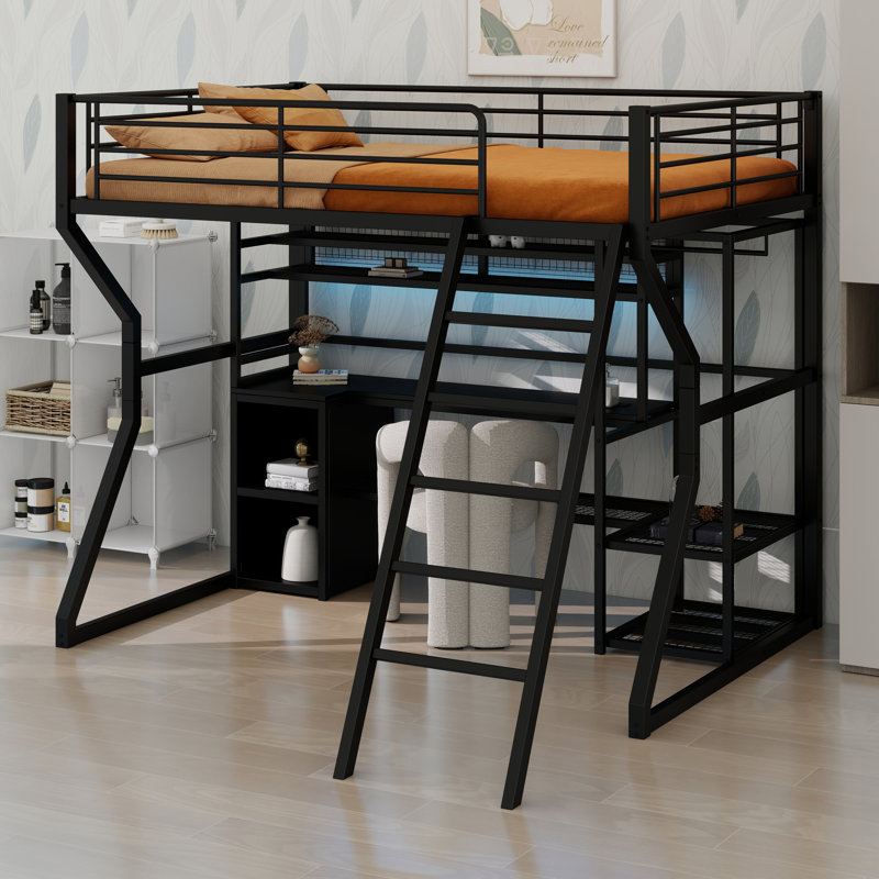 Lit mezzanine en métal avec poste de travail intégré, garde-robe ouverte, éclairage DEL et grand rangement