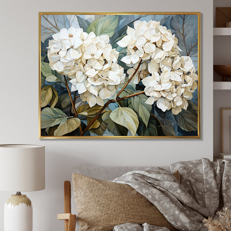 «Cubist Hydrangea L'interpretation» - art mural hortensia, H 30 po x l 40 po x P 1,5 po, Cadre flottant doré
