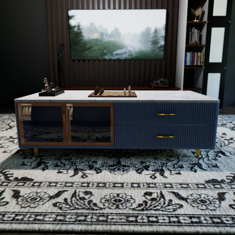 Modern Navy Blue Coffee Table With 2 Glass Door Storage, 4 Drawers, Gold Metal Legs And Multi-Color Lighting 47.2 Inch