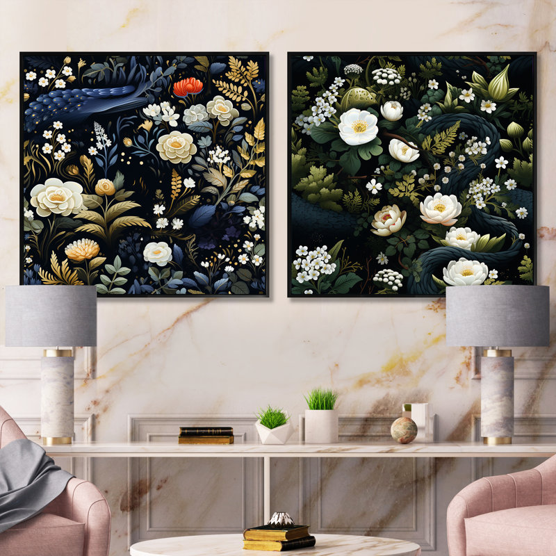 Ange - Ensemble de 2 collages carrés botaniques abstraits, Cadre flottant noir, H 16 po x l 33 po