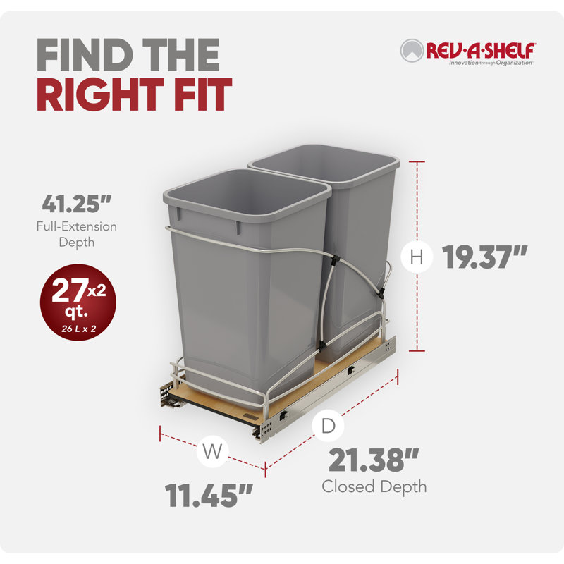 Rev-A-Shelf Pullout Trash Container(s) w/ Soft-close, Gray, 2, 6.75 Gallons, 19.47" H x 11.5" W x 11.45" D