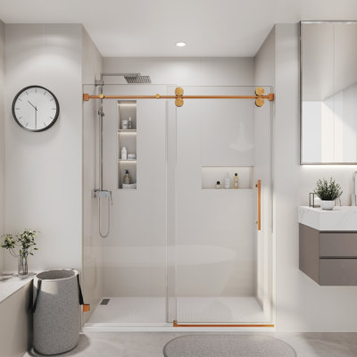 60 In. W X 60 In. H Frameless Single Sliding Shower Door With 3/8 In. Tempered Clear Glass In Brushed Gold