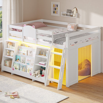 Structure de lit mezzanine en bois pour lit simple avec bibliothèque de rangement, lumières DEL et coffre à jouets, lits mezzanine simples bas avec espace de jeu secret, barrières de sécurité et escaliers, blanc