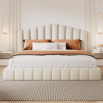Velvet Upholstered Queen Bed Frame Floor Bed Shell-Shaped Headboard For Bedroom,No Box Spring Needed