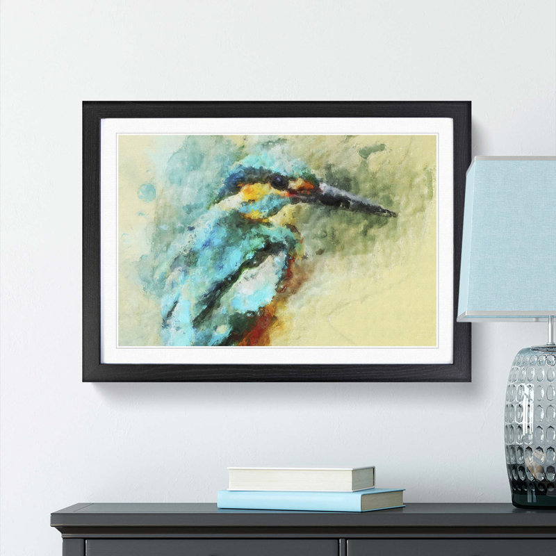 Kingfisher Illustration in Abstract - Picture Frame Painting Print, 60cm H x 91cm W x 2cm D, Black