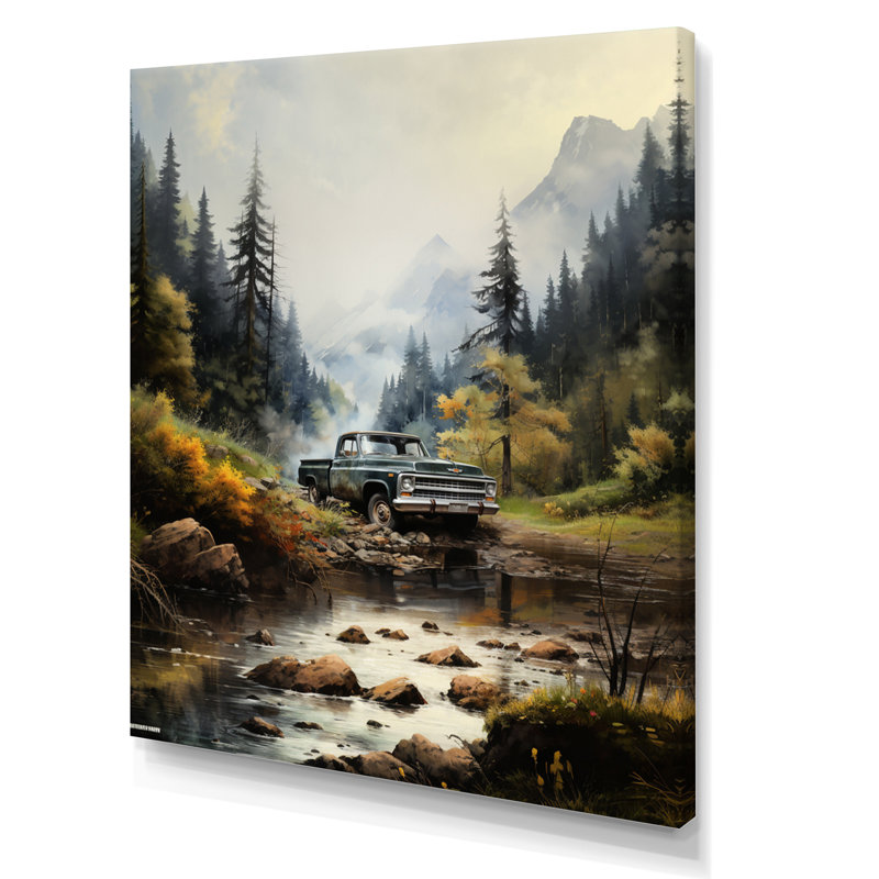 Yaslynn, camionnette verte, Misty Mountains I - impression, H 20 po x l 12 po x P 1 po, Toile tendue