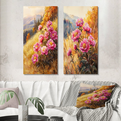 Pivoines à l'automne Hillside I - Décoration murale sur toile florale 2 panneaux
