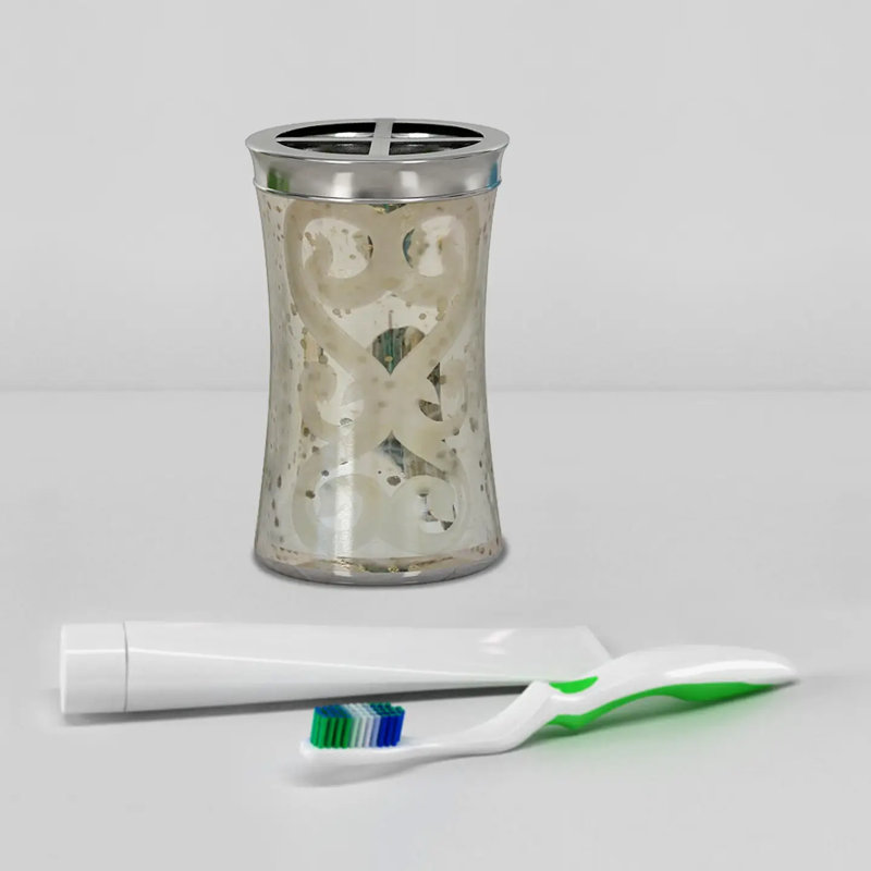 Porte-brosse à dents en verre Oneita Mercury | Support compact à fentes multiples pour brosses à dents, rasoirs et accessoires de maquillage | Gravé / mercure
