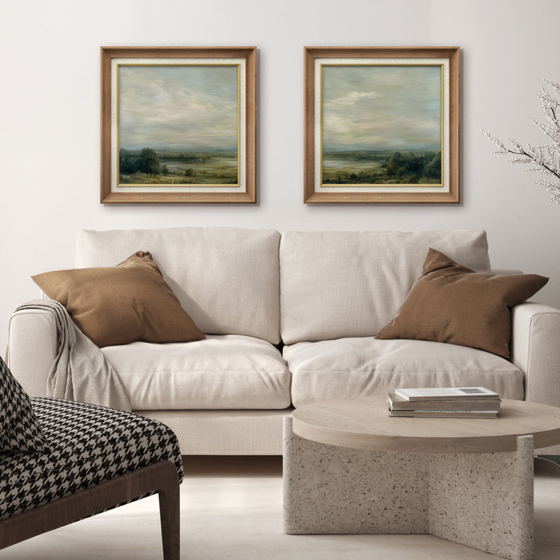 «Calm Country Valley Landscape» dans des tons de bleu et de vert doux, reproduction d'art encadrée de la chambre principale, 2 pièces