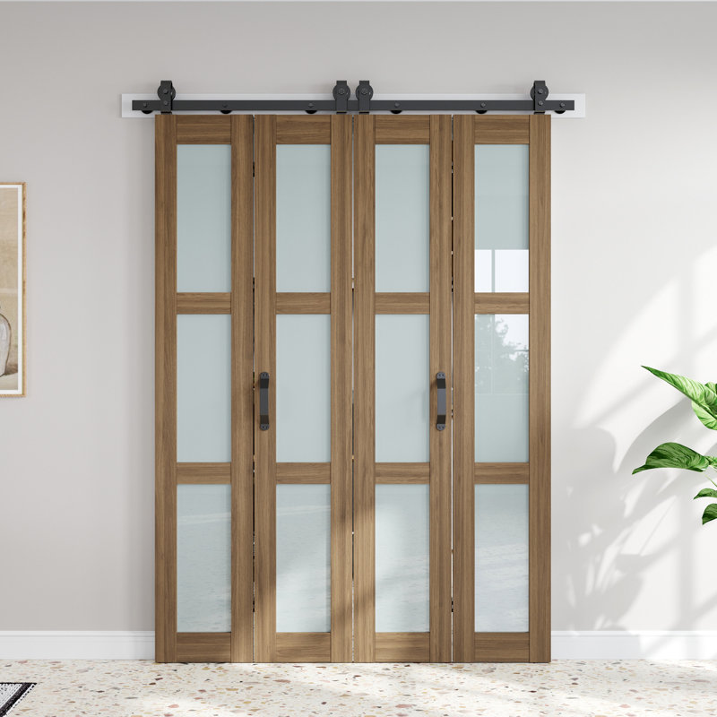 Portes de grange pliantes à 3 panneaux de 84 po en verre dépoli, porte double avec trousse de quincaillerie d'installation