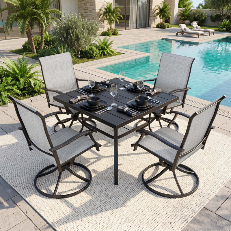 Ensemble de salle à manger de patio 5 pièces avec trou pour parasol et chaises pivotantes en textilène, Grey, 4