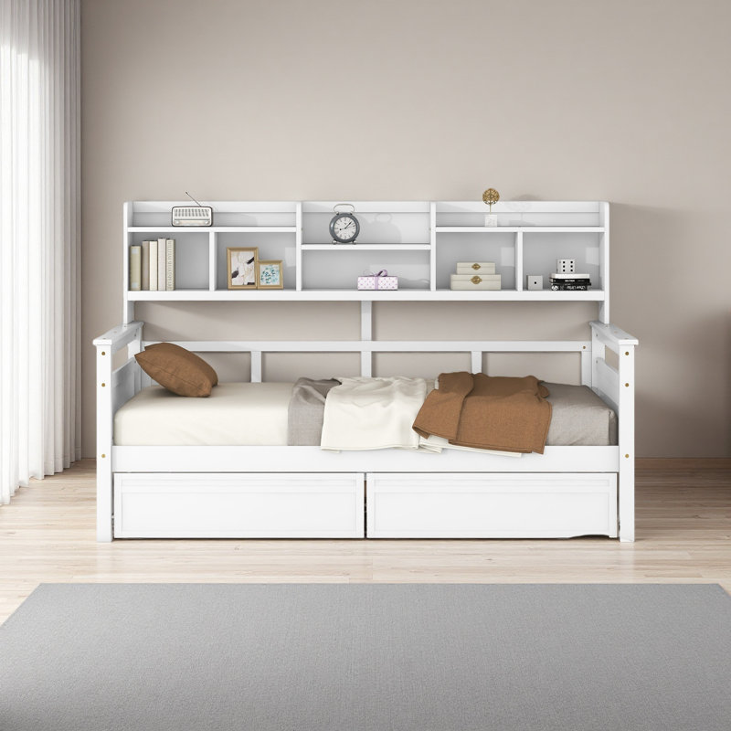 Lit de jour simple, support en lattes de bois, avec tablettes de chevet et deux tiroirs, Lit simple, Blanc