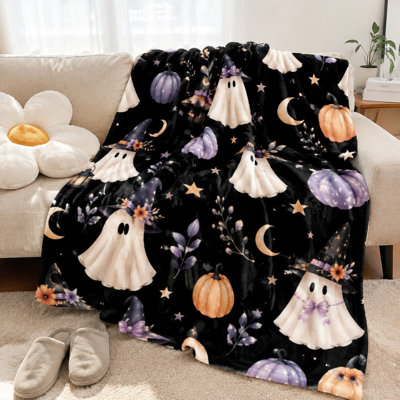Couverture en peluche à imprimé citrouille d'Halloween, jeté léger et confortable pour canapé, canapé, chambre à coucher, décoration de salon