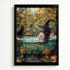 Sorcière d'Halloween dans une baignoire avec un chat noir, tableau sur toile encadré, cadre noir, 40 x 60 cm-868203652-868203653