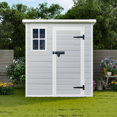 Remise de rangement 6 x 6 pi, remise extérieure en résine imperméable avec plancher et fenêtre et portes et évents verrouillables, remise à outils pour vélo, jardin, cour, pelouse, utilisation toutes saisons, gris clair