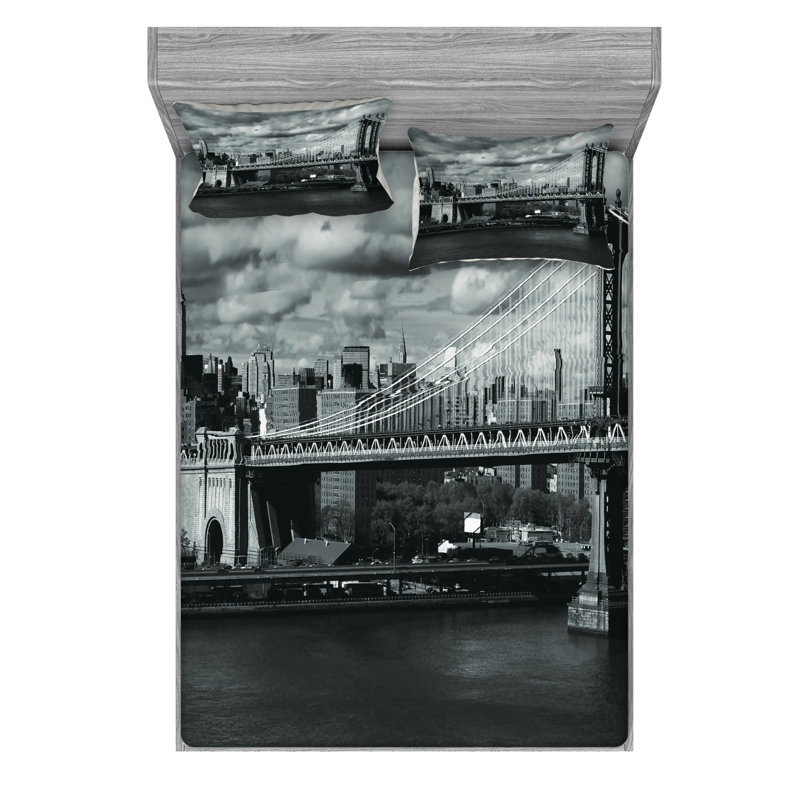 Full Size Black and White Microfiber Sheet Set with NYC Print